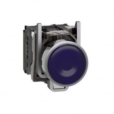 Harmony lampetryk komplet med LED og plan trykflade med fjeder-retur i blå farve 24VAC/DC forsyning 1xNO+1xNC XB4BW36B5 - 1