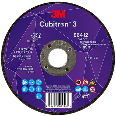 3M™ Cubitron™ 3 Skæreskive 86412 36+ T41 125 mm x 1,6 mm x 22,23 mm EN 25/pakning 50 stk./kasse - 1