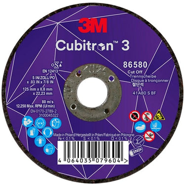 3M™ Cubitron™ 3 Skæreskive 86580 80+ T41 125 mm x 0,8 mm x 22,23 mm EN 25/pakning 50 stk./kasse - 1