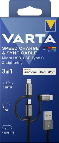 Varta Speed Charge & Sync Kabel 3in1 USB A til Lightning/Micro/Type C - 1