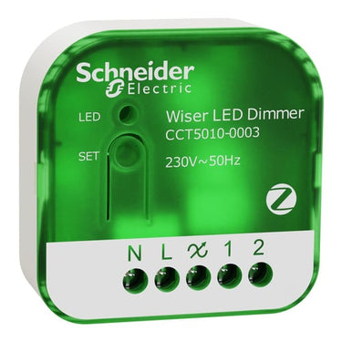 Wiser trådløs lysdæmper puck med Multiwire teknologi - valgfri tilslutning af nul-leder. Dæmper LED lyskilder helt ned til 1VA - 1
