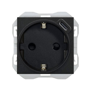 Simon 270 stikkontakt 2-polet + jord schuko med usb C lader mat sort - 1