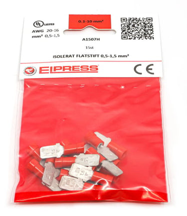 Isol. spadestik A1507H 0,5-1,5mm² 6,3x0,8 Rød - I poser á 15 stk. - 1