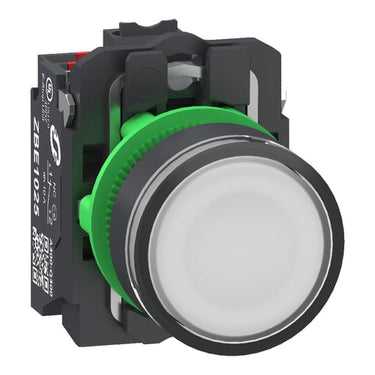 Harmony lampetryk komplet i plast med LED og plan trykflade med fjeder-retur i hvid farve 24VAC/DC forsyning 1xNO+1xNC med push-in - 1
