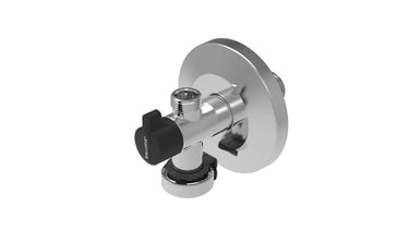 Broen Ballofix krom dobbelt vinkelventil 3/4" x 1/2" x 3/8" med kontraventil greb og roset - 1