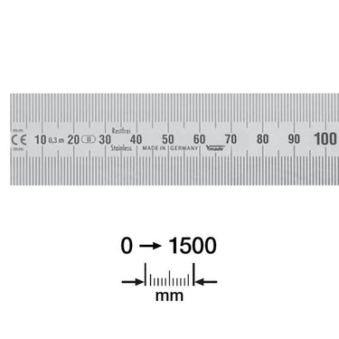 Stållineal 1500x30x1,0 mm med aflæsning venstre-mod-højre - 1