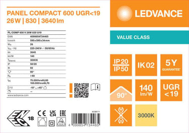 LEDVANCE Panel Compact 3640lm 600X600 26W/830 UGR19 - 1
