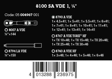 Wera 8100 SA VDE 1 Zyklop Skraldesæt isoleret omskifterknap 1/4"-tilslutning metrisk - 1