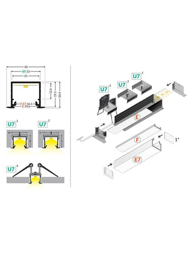 Aluminiumsprofil - Model L (Indbyg) - 20mm LED strip - Alu - 1