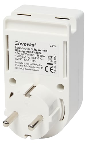 Stikadapter Schuko med USB og mobilholder - 1