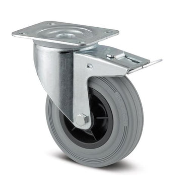Tente Drejeligt hjul m/ bremse grå massiv gummi Ø80 mm 70 kg rulleleje med plade Byggehøjde: 108 mm. Driftstemperatur: -20°/+60° - 1