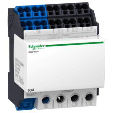 Linergy DX distributionsblok for DIN-skinne 63A 4 polet tilslutning i bund 1x25 mm²4x6 mm² pr fase og 12x6 mm² for Nulleder -72mm - 1