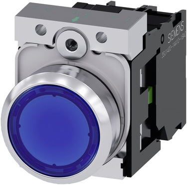 Oplyst trykknap 22 mm rund metal skinnende blå flad knap 3SU1152-0AB50-1BA0 - 1