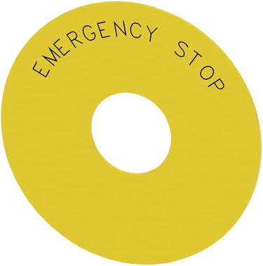 Rund bagplade til nødstop paddehatte trykknap gul selvklæbende med engelsk tekst; EMERGENCY STOP - 1