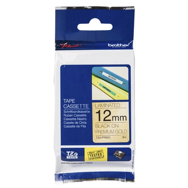 Labeltape Brother TZePR831 12mmx8m sort på guld lamineret - 1