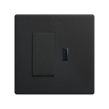 Simon 270 smal 1-polet afbryder 10A + USB oplader 2.1A mat sort - 1