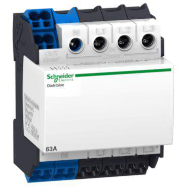 Linergy DX distributionsblok for DIN-skinne 63A 4 polet tilslutning i top 1x25 mm²4x6 mm² pr fase og 12x6 mm² for Nulleder - 72 mm - 1