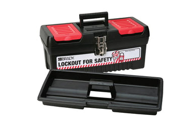 Medium lockout værktøjskasse Brady materialetype: Polypropylen med forniklede stålspænder Farve: sort rød Dimensioner: 411,48 mm (B) x 198,12 mm (H) x 185,42 mm (D) Antal pr. pakke: 1 stk. - 1