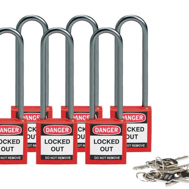 Kompakte Lockout-hængelåse Brady materiale Type: Robust forstærket nylon krop med aluminium bøjle Bøjle/kabel materiale: Aluminium Bøjle højde (mm): 76,20 mm Bøjle diameter (mm): 4,72 mm Produktnøglem - 1