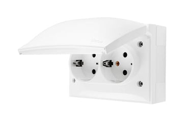 Simon X4 Dobbelt Schuko-stikkontakt kompakt med sikkerhedslukkere, samme farve klap og dæksel, 1 dæksel, 16 A, 250 V~, skruefiksering, hvid - 1