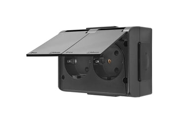 Simon X4 Dobbelt Schuko-stikkontakt kompakt med sikkerhedslukkere, samme farve klap og dæksel, 2 dæksler, 16 A, 250 V~, skruefiksering, sort - 1