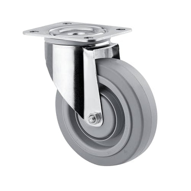 Drejeligt hjul grå elastisk gummi Ø100 mm 160 kg DIN-kugleleje og tætning med plade Rustfri Byggehøjde: 128 mm. Driftstemperatur:  -20°/+80° - 1