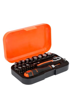 Bahco 1/4" Topnøglesæt korte toppe med metrisk sekskantprofil skraldeskruetrækker og diverse 1/4" bits 34 dele - 1