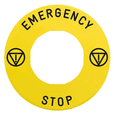 Skilt med tekst Ø60 til nødstop - EMERGENCY STOP/logo ISO13850 - 1
