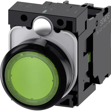 Lystrykknap 22 mm rund plastik grøn flad momentan kontakt type med holder 1NO LED modul - 1