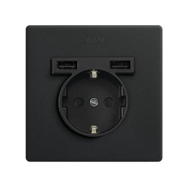 Simon 270 combi stikkontakt 2-polet + jord Schuko med Dobbelt USB oplader 2.1A Type A mat sort - 1