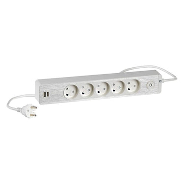 LK stikdåse 5R uden jord 1,5m afbryder glimampe 2usb hvid+aluminium - 1